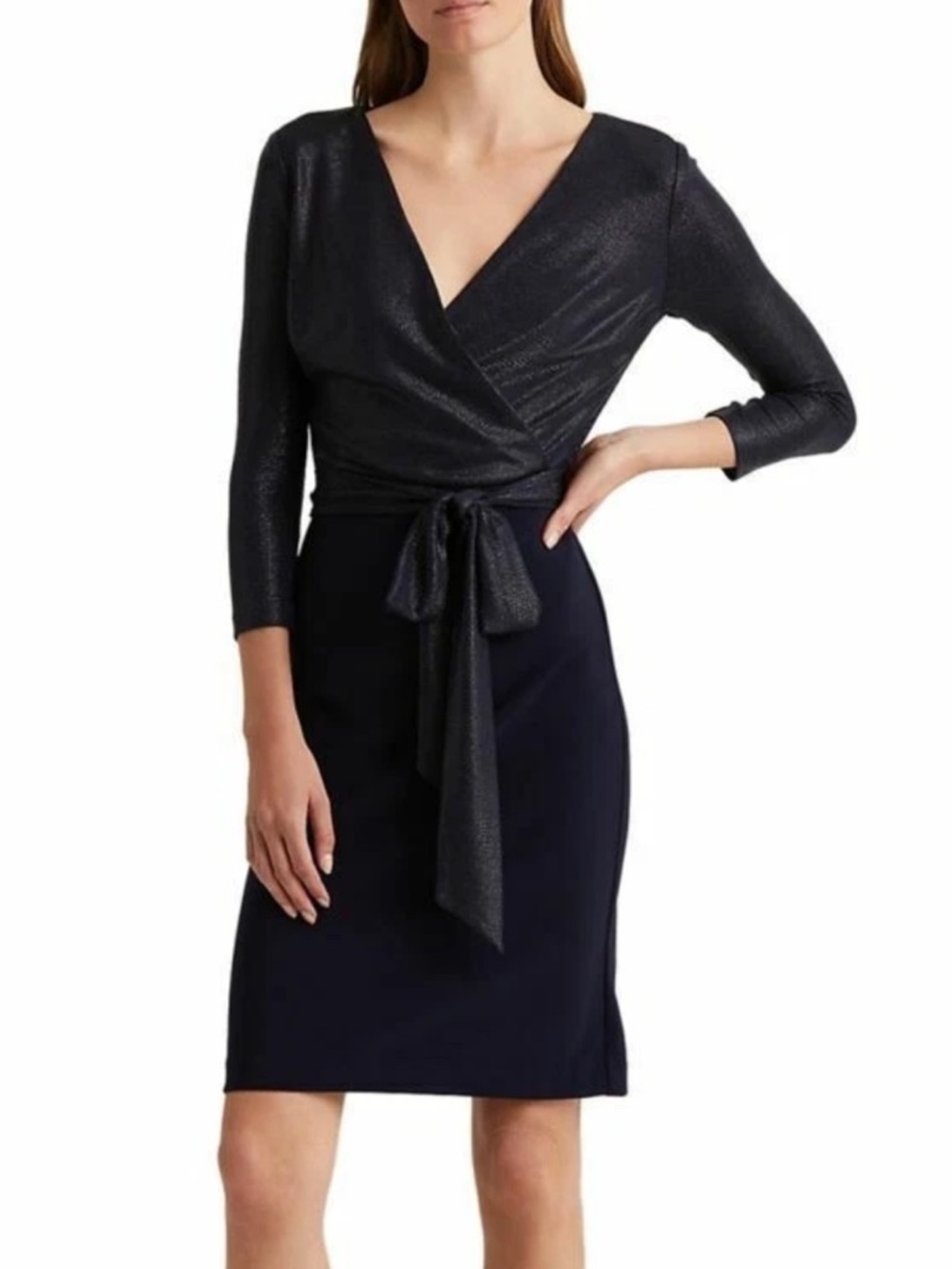 Ralph Lauren Black Label Jersey Navy Midi Tie Waist Dress size 12